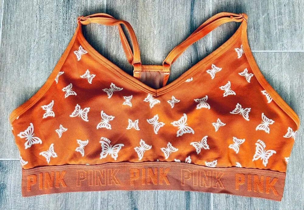Victoria's Secret PINK Active Sports Bra Lightweight Lined Orange Butterfly